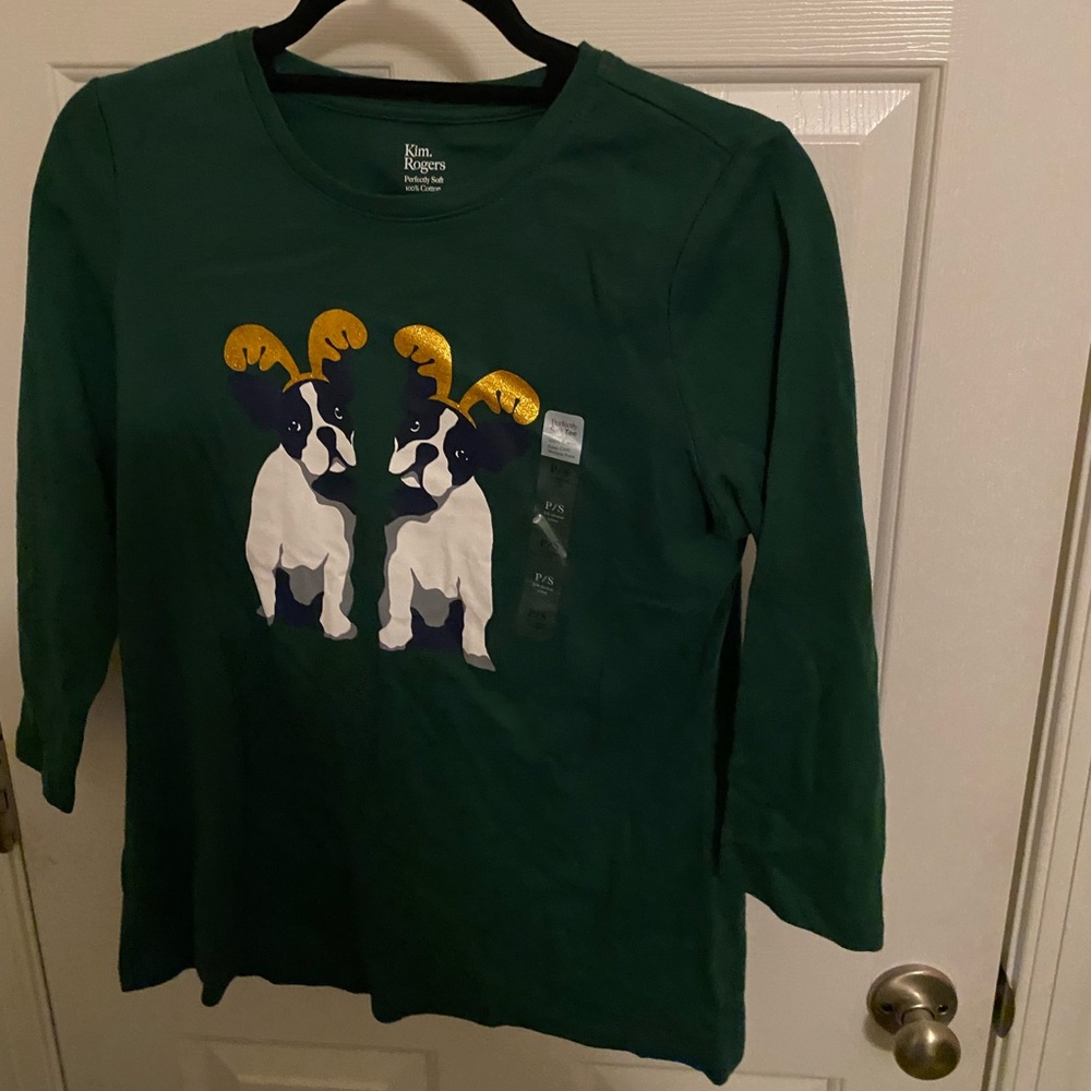 NWT Women's KIM ROGERS Christmas Boston Terrier With Antlers Top Green Pet/SML
